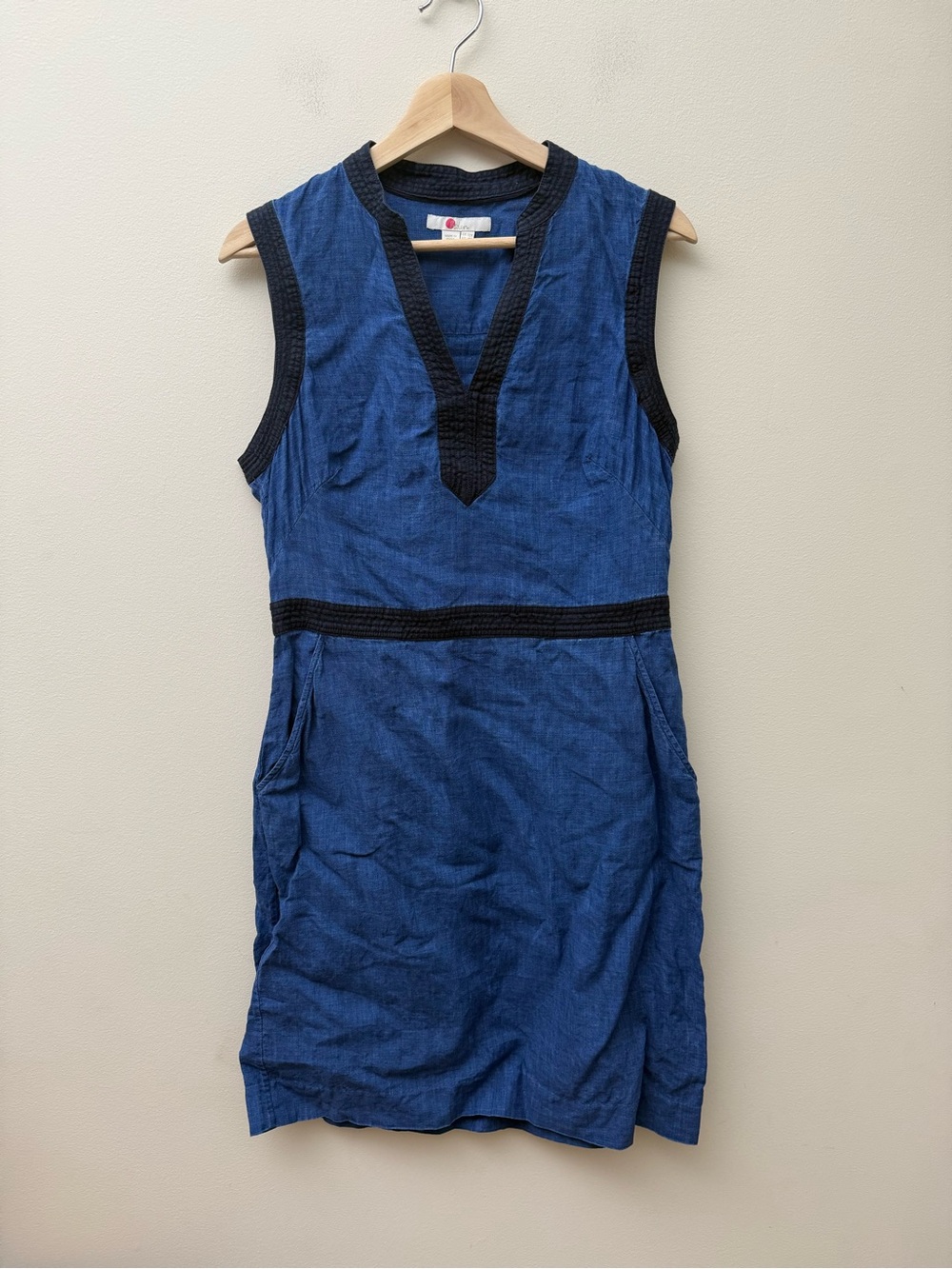 Boden Sleeveless Indigo Blue V-Neck Dress with Black Trim